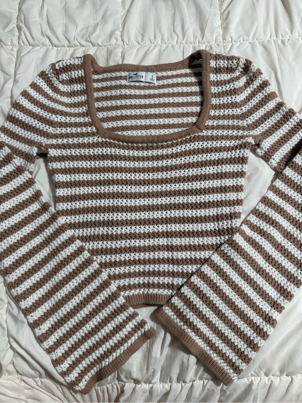 Hollister Cream and Brown Striped Crewneck Sweater